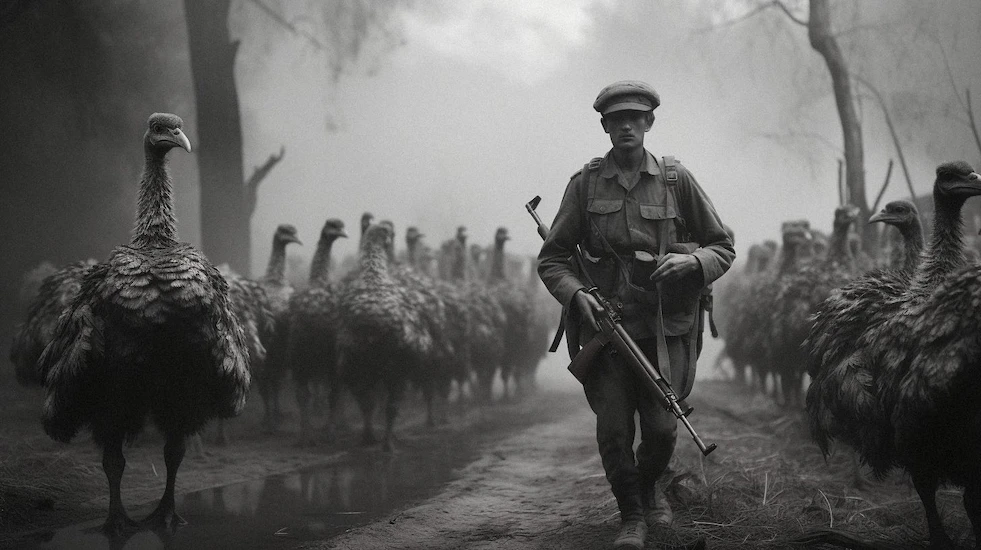 Australian soldier and emus